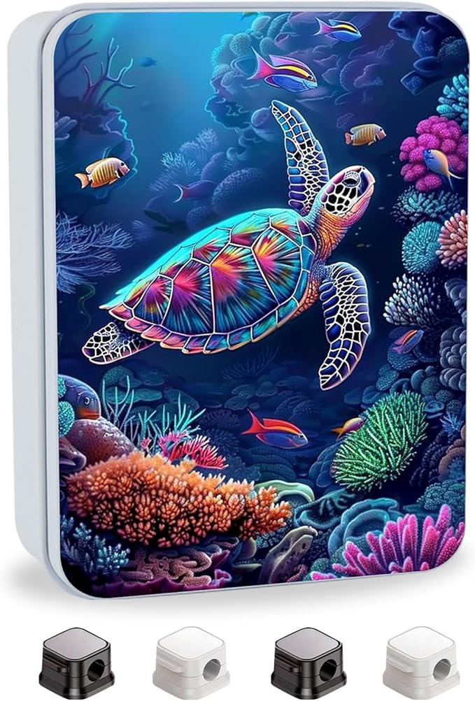 Metal Tin Box with Lid for Game Cards Home Organizer Candles Keys Crafts Storage - Equipped with 4 Magnetic Cord Clips，Sea Turtle