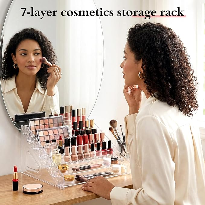 2 Pcs 7 Layers Nail Polish Organizer, Clear Plastic Nail Polish Stand Large Essential Oil Storage Holder for Cosmetic, Eyeglasses, Perfume, Jewelry, Lipstick
