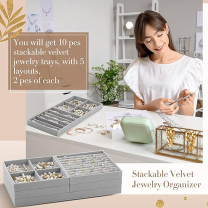 Cinnvoice Set of 10 Stackable Jewelry Organizer Trays for Drawer 14 Inch Velvet Jewelry Drawer Insert Display Storage with Removable Divider for Necklace Earring Ring Watch Bracelet (Gray)