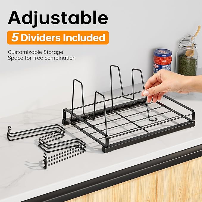 Lid Organizers for Inside Cabinet, Metal Food Storage Container Lid Holder with 5 Adjustable Dividers, Kitchen Pantry Organizer and Storage for Cupboard,Cabinets,Pantry,Drawers, 11" X 7.87"