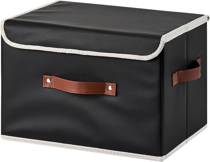 Storage Bins Box with Lids Decorative PU Leather Fabric Baskets Cubes with Handles PP Plastic Board Foldable Washable Lidded Clothing Shelf Closet Organizer Container (Black, Large)