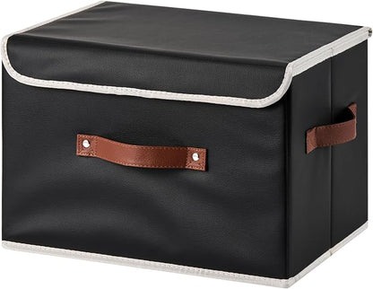 Storage Bins Box with Lids Decorative PU Leather Fabric Baskets Cubes with Handles PP Plastic Board Foldable Washable Lidded Clothing Shelf Closet Organizer Container (Black, Large)