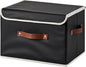 Storage Bins Box with Lids Decorative PU Leather Fabric Baskets Cubes with Handles PP Plastic Board Foldable Washable Lidded Clothing Shelf Closet Organizer Container (Black, Large)