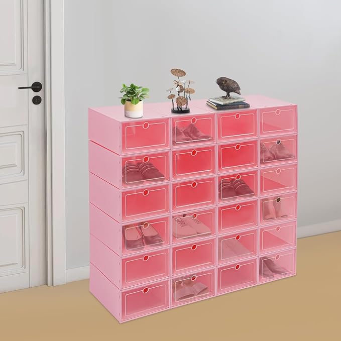 24 Pack Stackable Shoe Boxes with Clear Lids - Foldable Shoe Storage Organizer for Closet Cabinet, Color Options for Sneakers Flats Home Organization (Pink)