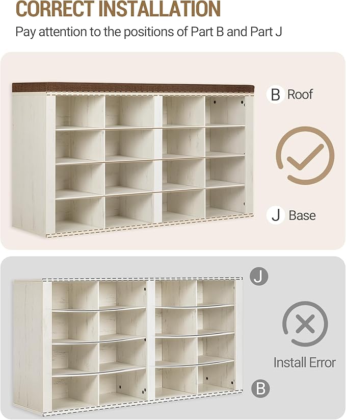 Hzuaneri Shoe Bench with Cushion, Entryway Storage Bench with 16 Cubbies, Cubby Shoe Rack with Adjustable Shelves, Shoe Organizer Cabinet for Living Room, Bedroom, Entryway, Rustic White SB25614KA