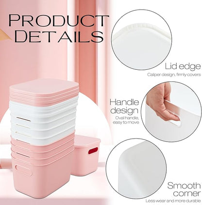 Hoolerry 8 Pieces Colorful Storage Bins with Lid, Plastic Storage Basket Organizing Container Stackable Box with Handle for Shelves Desktop Playroom Office(9.8 x 7.1 x 6.3 Inch,White and Pink)