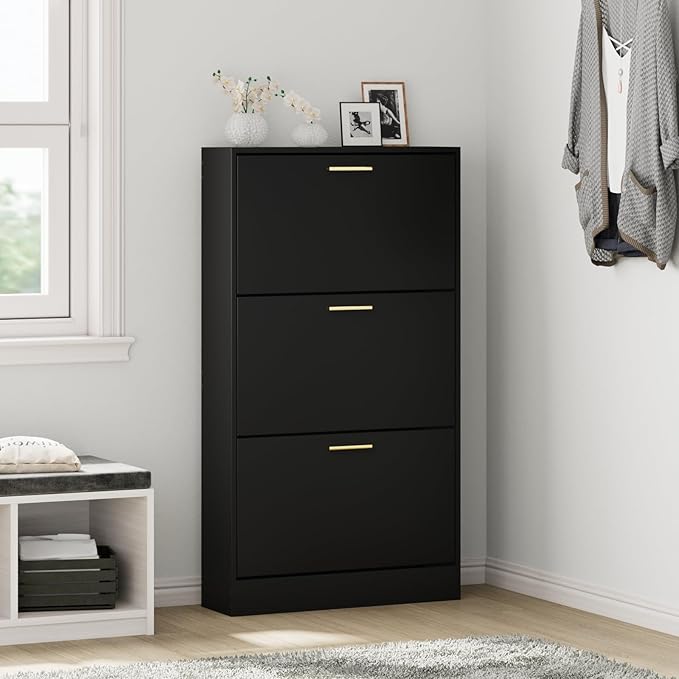 JOZZBY Shoe Storage Cabinet with 3 Flip Drawers, Freestanding Narrow Slim Shoe Organizer Cabinet Rack for Entryway, Hallway, Living Room, Black