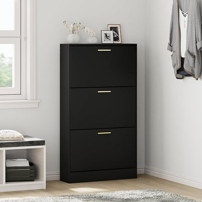 JOZZBY Shoe Storage Cabinet with 3 Flip Drawers, Freestanding Narrow Slim Shoe Organizer Cabinet Rack for Entryway, Hallway, Living Room, Black