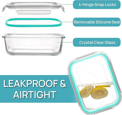 Vtopmart 5 Pack 35oz Glass Food Storage Containers with Lids, Meal Prep Containers, Airtight Reusable Lunch Container Set, Safe for Oven, Microwave, Freezer, and Dishwasher, Green