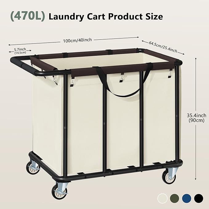FAVOOSTY 470L Heavy Duty Commercial Laundry Cart with Wheels,Industrial Rolling Laundry Hamper, Extra Large Laundry Basket, Metal Frame for Hotel/Hospital/Home, 440lbs (Beige)