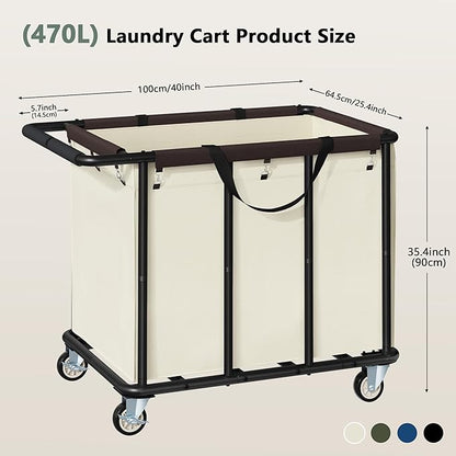 FAVOOSTY 470L Heavy Duty Commercial Laundry Cart with Wheels,Industrial Rolling Laundry Hamper, Extra Large Laundry Basket, Metal Frame for Hotel/Hospital/Home, 440lbs (Beige)