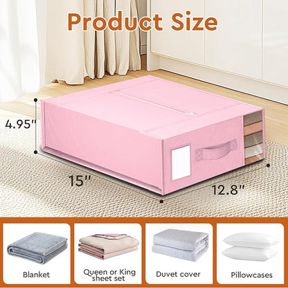 StorageTastic 4 Pack Bed Sheet Closet Organizers and Storage,Sturdy Foldable Storage Containers with Window and Label,Storage and Organization for Bedding Sheets,Duvet Covers,Blankets (Pink)