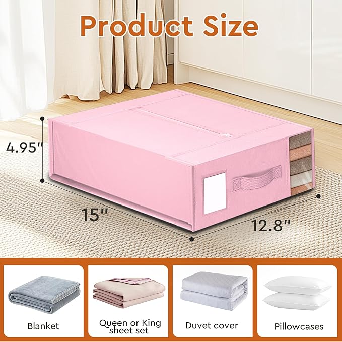 StorageTastic 6 Pack Bed Sheet Closet Organizers and Storage,Sturdy Foldable Storage Containers with Window and Label,Storage and Organization for Bedding Sheets,Duvet Covers,Blankets (Pink)