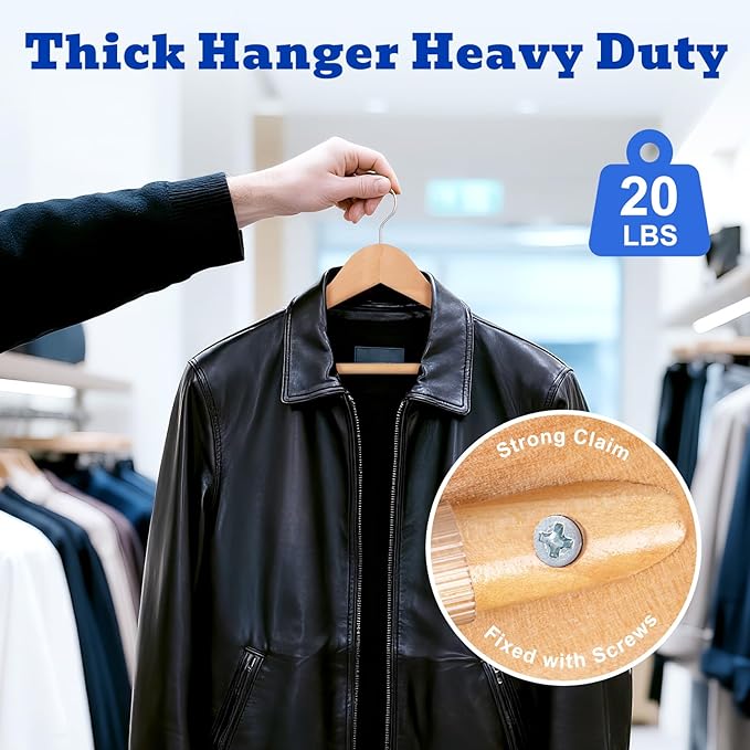 HOUSE DAY Wide Shoulder Wooden Hangers 12 Pack, Wood Suit Hangers for Men with Non Slip Pants Bar, Smooth Finish Solid Wood Coat Hanger for Jacket, Pants, Dress, Heavy Clothes Hangers (Natural)