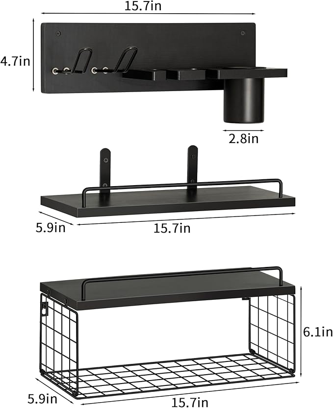 3-Tier Bathroom Floating Shelves with Curling Iron Holder & Hair Tool Organizer, Wall Mounted Rustic Wood Storage Rack Over Toilet with Hair Dryer Holder for Bathroom Decor & Organization