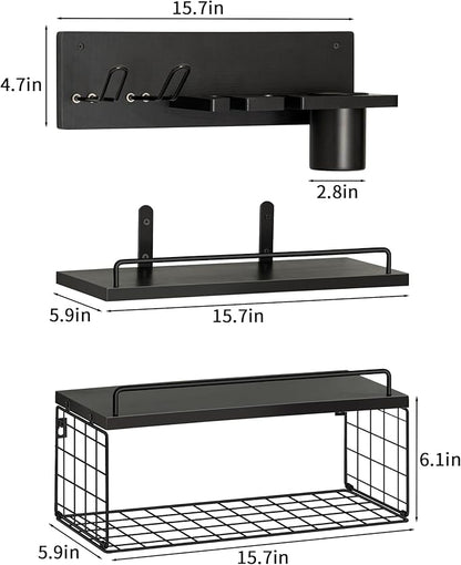 3-Tier Bathroom Floating Shelves with Curling Iron Holder & Hair Tool Organizer, Wall Mounted Rustic Wood Storage Rack Over Toilet with Hair Dryer Holder for Bathroom Decor & Organization