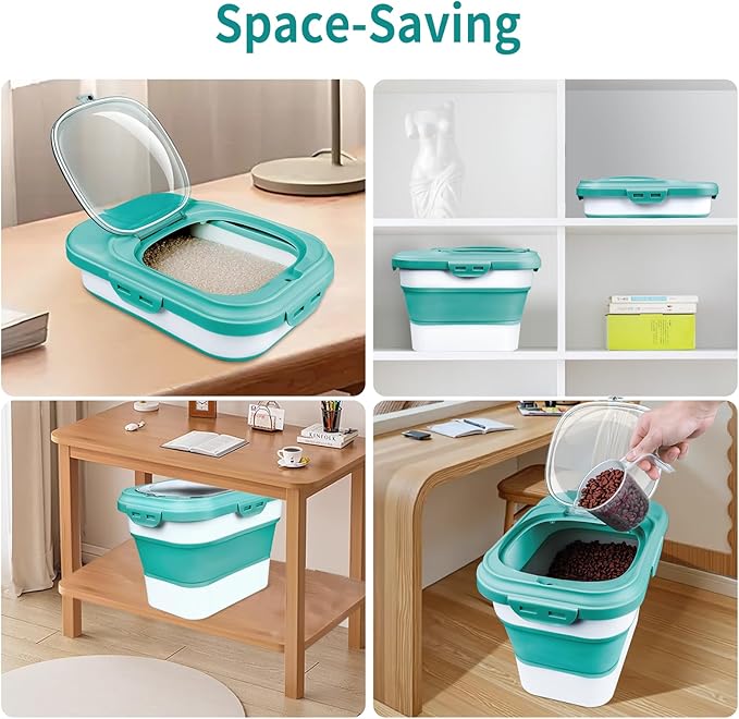 Komzon Rice Storage Container, Collapsible Airtight Food Storage Containers 6-20 Lbs, Rice Dispenser with Measuring Cup and Small Bin for Flour Cereal Pasta Grain, Cat Pet Dog Bird Food Container