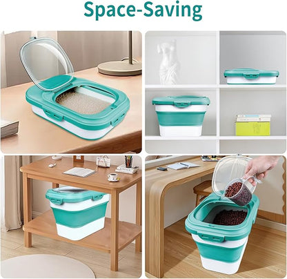 Komzon Rice Storage Container, Collapsible Airtight Food Storage Containers 6-20 Lbs, Rice Dispenser with Measuring Cup and Small Bin for Flour Cereal Pasta Grain, Cat Pet Dog Bird Food Container
