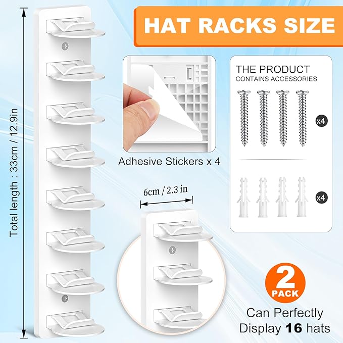 2 Pack Hat Organizer for Baseball Caps, Hat Rack for Wall, Strong Adhesive & Screw-in Cap Holder hat hangers for Closet Door & Bedroom