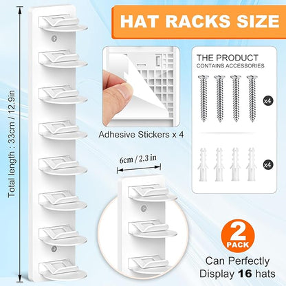 2 Pack Hat Organizer for Baseball Caps, Hat Rack for Wall, Strong Adhesive & Screw-in Cap Holder hat hangers for Closet Door & Bedroom