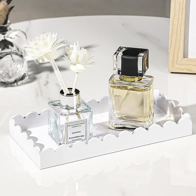 Acrylic Bathroom Vanity Tray 7.9", Soap Dispenser Decorative Scalloped Tray for Bathroom Kitchen Living Room Decor Vanity Perfume, White