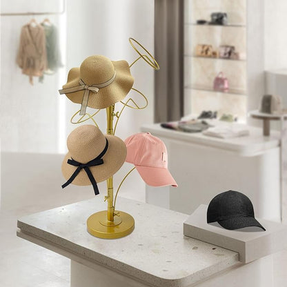 DYRABREST 6 Round Hooks Hat Stand, 28" H Metal Hats and Wigs Display Rack with Adjustable Hooks, Baseball Cap Organizer Headwear Rack for Home Closet Retail Store (Gold, 6 Hooks)
