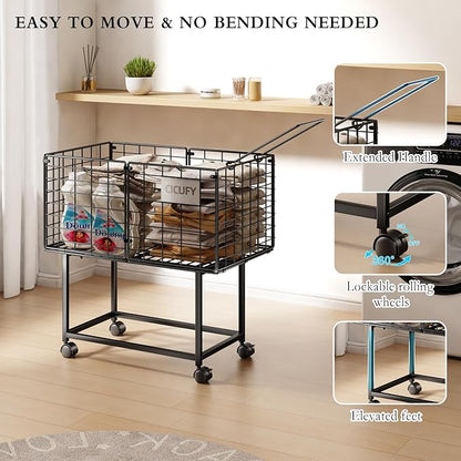 CICUFY Rolling Laundry Cart, 80L Wire Laundry Hamper Basket on Wheels, Dirty Clothes Basket with Handle, Metal Clothes Hamper Organizer for Laundry Room, Bathroom, Bedroom, Dorm, Black