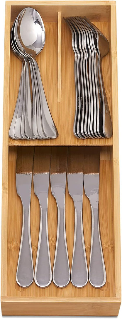 guiogc Bamboo Silverware Drawer Organizer, Kitchen Cutlery Tray,Utensil Holder for Spoons, Forks, Knives in Kitchen