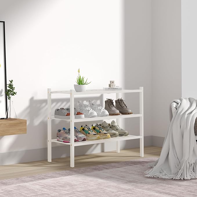 ROMGUAR CRAFT 3 Tier Bamboo Shoe Rack for Closet Free Standing Wood Shoe Shelf Storage Organizer for Entryway Small Space Stackable 27"x11"x20" (White)