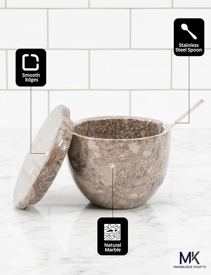 MARBLOUS KRAFTS Marble Salt Cellar with Lid and Spoon 3 x 4 Oceanic Salt Bowl, Spice Jar for Kitchen Countertop Organizer, Sugar Candy and Seasoning Container, Perfect Mother’s Day Gift for Mom