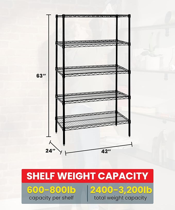 Quantum Storage Systems WR63-2442BK Wire Shelving Starter Kit, 42" W x 24" D x 63" H, 600 lbs Capacity, Carbon Steel, Epoxy Coated, Black, NSF