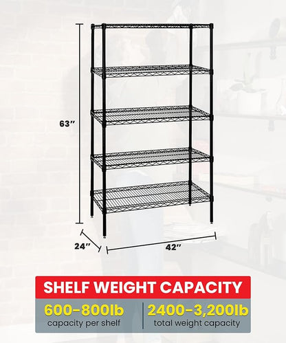 Quantum Storage Systems WR63-2442BK Wire Shelving Starter Kit, 42" W x 24" D x 63" H, 600 lbs Capacity, Carbon Steel, Epoxy Coated, Black, NSF