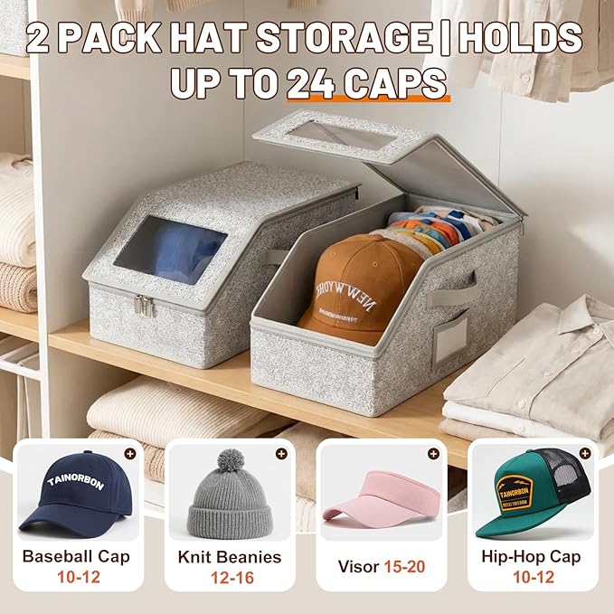 Hat Storage Organizer for Baseball Caps, Dustproof Cap Container with Clear Window & Zipper, Stackable Hat Box Holder for Closet, Fits Snapbacks Visors Beanies, 2 Pack