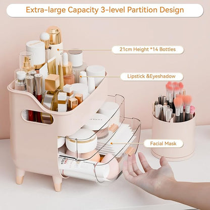 Yieach Pink Make up Organizer for Countertop,Vanity,Large Capacity Bathroom Makeup Skincare Organizers With Brush Holder,Makeup Storage Organizer for Lotion,Beauty Products,Skin Care,Makeup Display