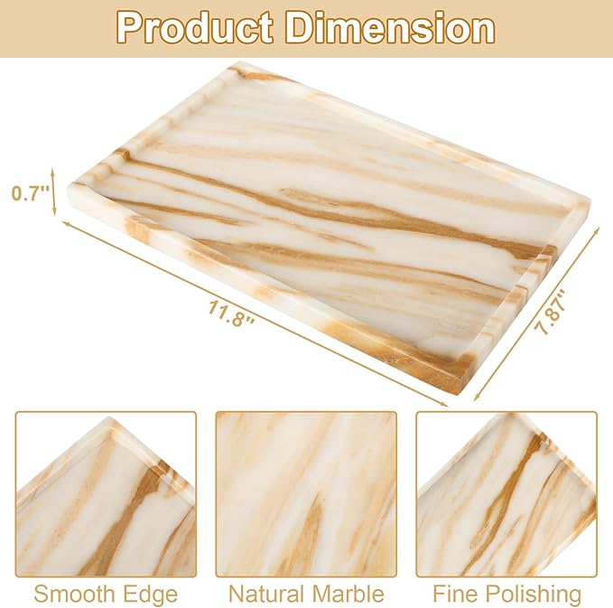 100% Natural Marble Vanity Tray - Real Stone Storage Organizer for Bathroom/Kitchen/Vanity/Dresser, Countertop Tray for Perfume, Jewelry, Home Decor, 11.8 x 7.8 x 0.7 Inch