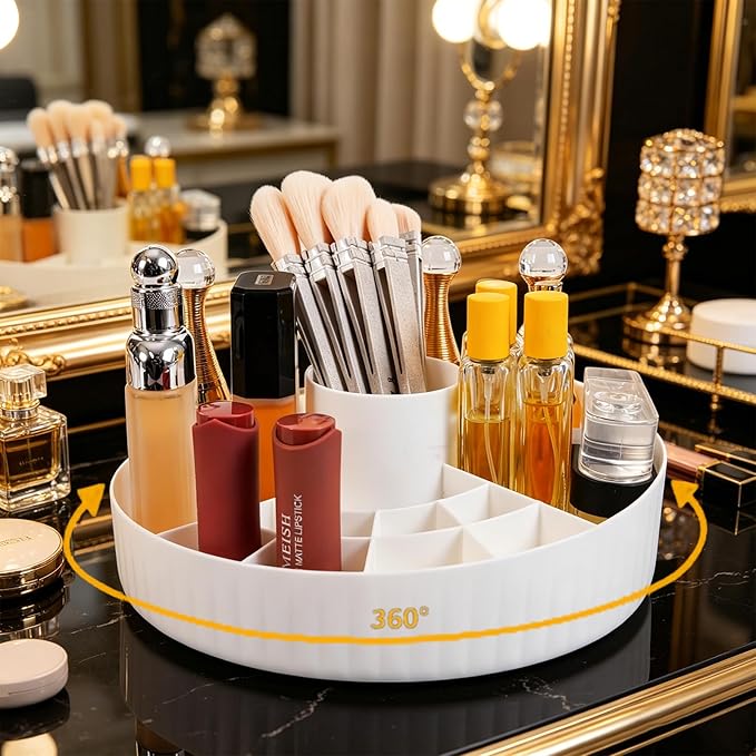 360° Rotating Makeup Perfume Organizer Cosmetic Storage for Skincare,Perfume,Lipstick & Makeup Brushes, Countertop Vanity Organizer (White)