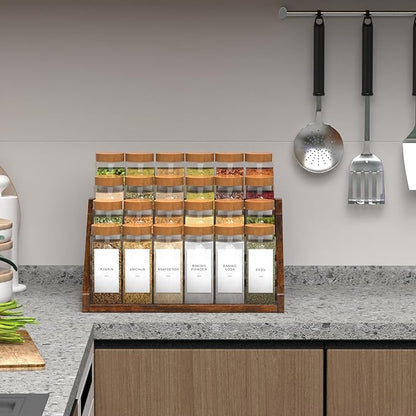 4 Step Spice Rack Organizer for Cabinet, Robust Wooden Display Riser Shelf Seasoning Organizer for Countertop Cupboard Pantry, Condiment Jar Kitchen Storage Holder Super Sturdy Stand, Rusitc Brown