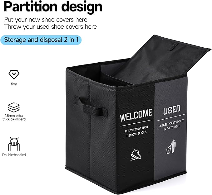 Foldable Shoe Cover Box Dispenser Storage Box Storage Bin Holder with Used Shoe Covers and Welcome Please or Remove Sign for Open House Supplies (Black, Gray)