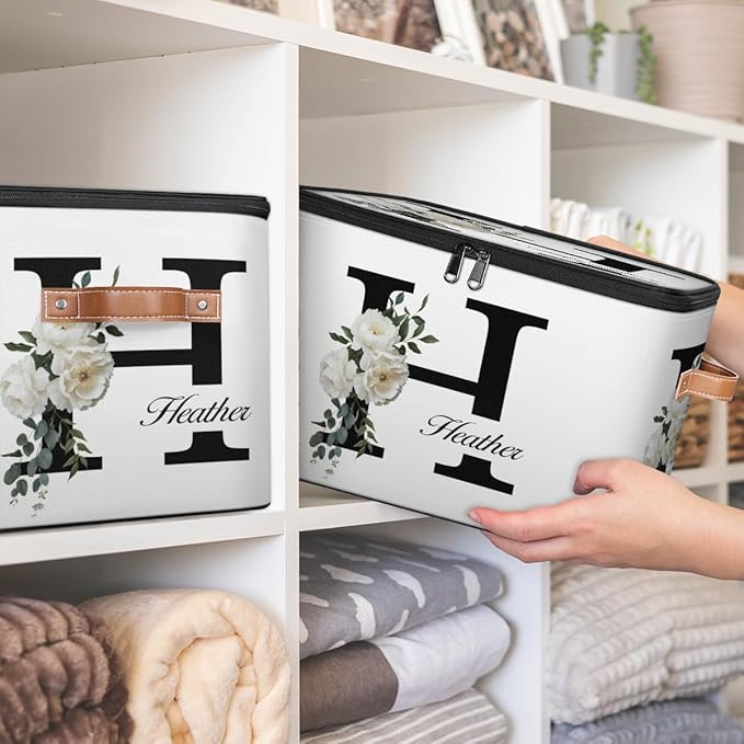 Custom Initials Floral Storage Bins with Lid, Foldable Personalized Storage Basket Boxes with Handle Shelf Basket Closet Organizer Cube