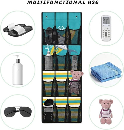 Large Capacity Door Organizer with 12 Pockets, Storage Hanging Bag Behind the Door for Accessories and Essentials, Foldable and Space Saving Design for Home Use, Cartoon Shark and Stripe