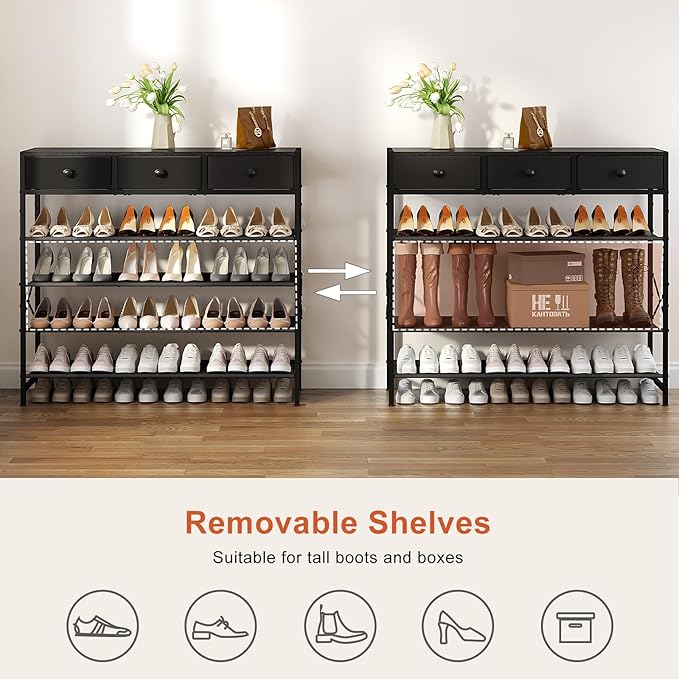 Shoe Rack, 5 Tier Shoe Organizer with 3 Drawers, Metal Shoe Storage for 24-30 Pairs of Shoes with Fabric Shelves and Wooden Top, Narrow Shoe Shelf for Closet Entryway Black