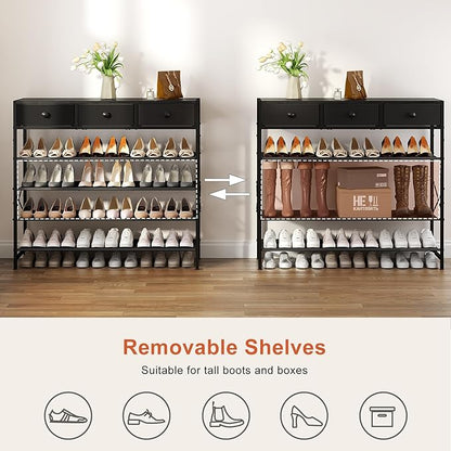 Shoe Rack, 5 Tier Shoe Organizer with 3 Drawers, Metal Shoe Storage for 24-30 Pairs of Shoes with Fabric Shelves and Wooden Top, Narrow Shoe Shelf for Closet Entryway Black