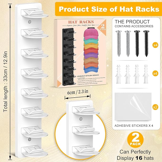 Coopache Hat Organizer for Baseball Caps 2 Pack, Hat Rack for Hanger Wall or Door Ball Cap Storage Holder for 16 Hats Hanging (Black & White, One size)