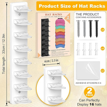 Coopache Hat Organizer for Baseball Caps 2 Pack, Hat Rack for Hanger Wall or Door Ball Cap Storage Holder for 16 Hats Hanging (Black & White, One size)