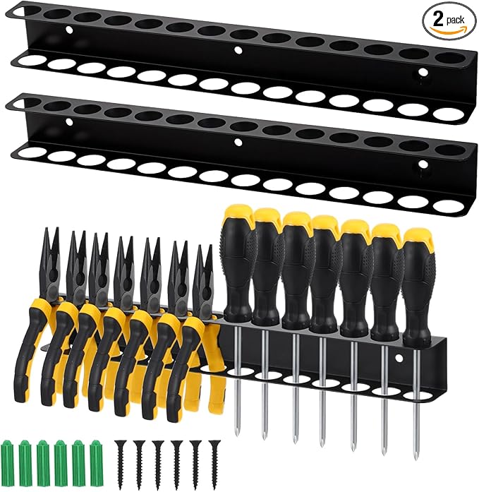2 Pcs Screwdriver Plier Organizer Wall Mount, Screwdriver Rack, Metal Plier Holder Utility Tool Holder Organizers and Storage Rack for Garage Workshop Workbench Tool Chest Cart