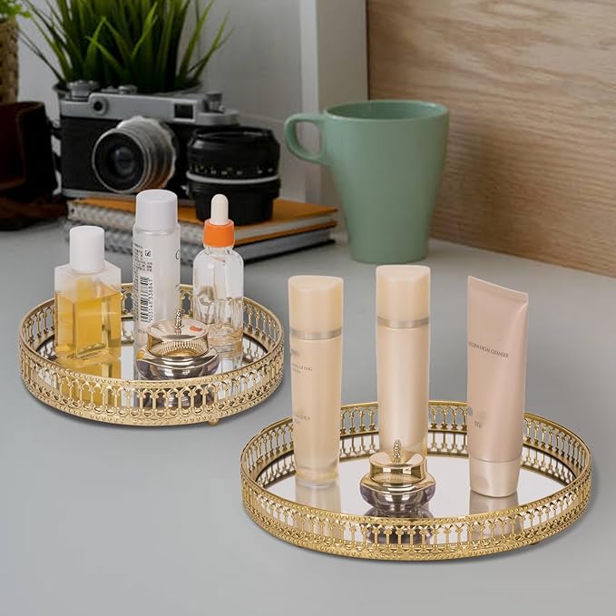 Ayswupt Gold Mirrored Vanity Tray for Bathroom Counter,Metal Decorative Jewelry Storage Tray Cosmetic Perfume Organizer for Dresser,Bedroom,Home Decor,Suit for Candle Holder,Coffee Table Centerpiece,L
