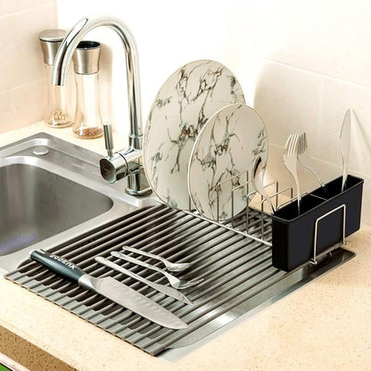 SANNO Plastic Black Utensil Silverware Storage Holder Caddy,Fit Kitchen Sink Drying Rack, Microfiber Dish Mat, Dish Drying Mat