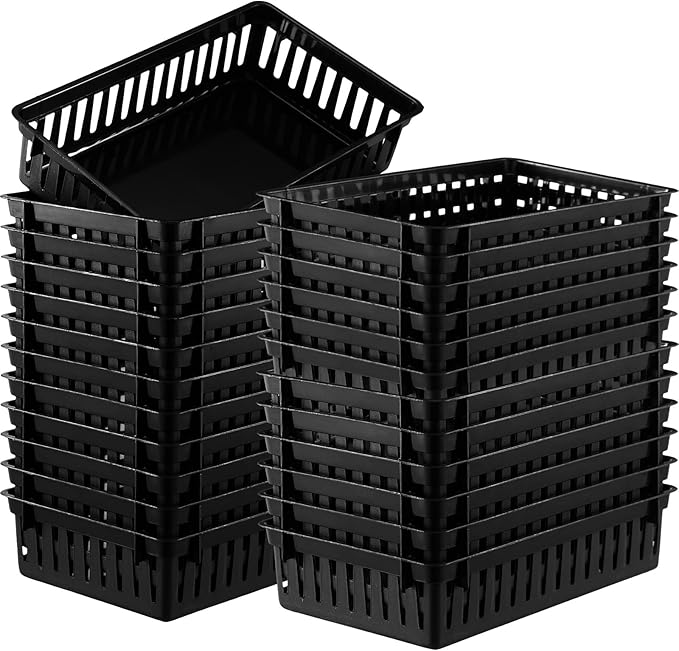 Wenqik 24 Pcs Plastic Storage Baskets for Classroom Organizing Small Pantry Storage Bins Rectangular Tray for Back to School Household Toys Classroom Bedrooms, Kitchens Countertops(Black)