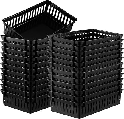 Wenqik 24 Pcs Plastic Storage Baskets for Classroom Organizing Small Pantry Storage Bins Rectangular Tray for Back to School Household Toys Classroom Bedrooms, Kitchens Countertops(Black)