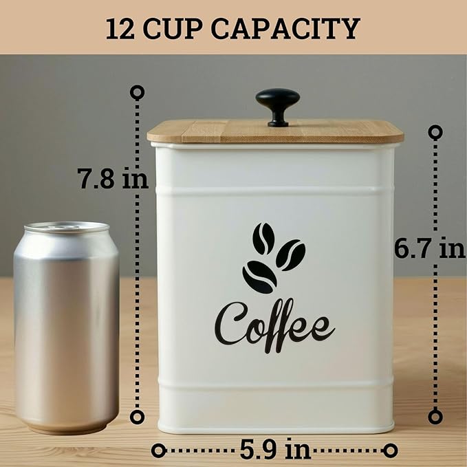 Airtight Coffee Canister - 40 oz Large Iron White Coffee Container Airtight - 6 x 8 inch Metal Jar - Stylish Countertop Container for Coffee Grounds, Beans, Pods & More with Rubber-Lined Bamboo Lid
